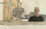 Croquis d'audience de Dominique Pelicot dans son box au tribunal d'Avignon, le 2 septembre 2024 dans le Vaucluse
