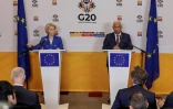 Le président du Conseil européen Antonio Costa (à droite) et la présidente de la Commission européenne Ursula Von der Leyen (à gauche) tiennent une conférence de presse au Sandton Convention Centre, à Sandton (Afrique du Sud), le 21 novembre 2025, à la veille d'un sommet des dirigeants du G20