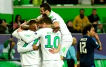 La joie des joueurs de Wolfsburg après un penalty transformé par Ricardo Rodriguez face au Real Madrid, le 6 avril 2016 à Wolfsburg