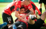 La joie de l'attaquant rennais Martin Terrier, auteur de l'unique but du derby à domicile contre Nantes, le 22 août 2021 au Roazhon Park