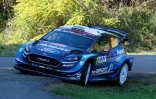 Le Gallois Elfyn Evans au volant de sa Ford lors du Shakedown du Tour de Corse, le 28 mars 2019 à Sorbo-Ocagnano