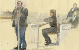 Croquis d'audience montrant le réalisateur français Christophe Ruggia (g) à la barre devant l'actrice française Adèle Haenel (c), partie civile, devant le tribunal correctionnel de Paris, le 9 décembre 2024