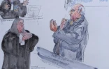 Croquis d'audience représentant l'ex-chirurgien pédocriminel Joël Le Scouarnec (à droite) devant l'avocate des parties civiles Myriam Guedj Benayoun (gauche) et l'avocat général Stéphane Kellenberger (en haut à gauche), lors du procès de l'ancien médecin, le 23 mai 2025 à Vannes