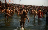 Des ascètes hindous prennent un bain collectif au confluent des fleuves sacrés du nord de l'Inde à l'occasion du festival Kumbh Mela, à Allahabad le 15 janvier 2019