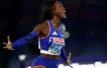 L'athlète française Cyrena Samba-Mayela célèbre sa victoire en finale du 100m haies féminin lors des championnats d'Europe d'athlétisme au stade olympique de Rome, le 8 juin 2024