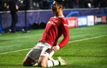 La joie de l'attaquant portugais de Manchester United, Cristiano Ronaldo, auteur d'un doublé et de l'égalisation dans le temps additionnel face à l'Atalanta, lors de la 4e journée de la phase de groupes de la Ligue des Champions, le 2 novembre 2021 à Bergame