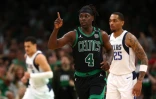 Jrue Holiday, l'arrière des Boston Celtics, contre les Dallas Mavericks durant le deuxième match des Finales NBA 2024, au TD Garden, le 09 juin 2024
