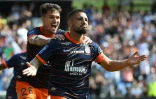 La joie de l'attaquant montpelliérain Andy Delort, après son but contre Lorient, le 22 août 2021 au Stade de La Mosson