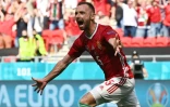 La joie du défenseur Attila Fiola, après avoir ouvert le score contre la France, lors de la 2e journée du groupe F à l'Euro 2020, le 19 juin 2021 à Budapest 