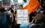 Un manifestant tient une pancarte "De la peinture rouge, pas du terrorisme, l'armement est un génocide" lors d'un rassemblement en soutien au groupe pro-palestinien Palestine Action, alors que le gouvernement britannique devrait annoncer l'interdiction du groupe, le 23 juin 2025 à Londres 