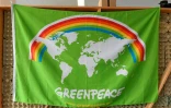 Un drapeau Greenpeace dans les locaux de l'ONG, le 10 septembre 2021 à Amsterdam, aux Pays-Bas