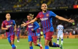 L'attaquant danois du FC Barcelone Martin Braithwaite célèbre son doublé lors du match de Liga contre la Real Sociedad, le 15 août 2021 au Camp Nou
