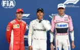 Lewis Hamilton (Mercedes, c) auteur de la pôle position du Grand Prix de Belgique devant l'Allemane Sebastian Vettel (Ferrari, g) et le Français Esteban Ocon (Force India, d) sur le circuit de Spa-Francorchamps, le 25 août 2018   