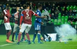 Jets de pétards (d) par des supporters ultras sur la pelouse de Saint Symphorien lors du match Metz-Lyon, le 3 décembre 2016