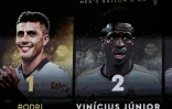 Le résultat du Ballon d'or 2024 avec Rodri premier et Vinicius Junior deuxième, lors de la cérémonie à Paris, le 28 octobre 2024
