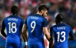 Les Français Moussa Sissoko, Olivier Giroud et N'Golo Kante lors du match amical contre le Paraguay, le 2 juin 2017 à Rennes