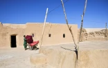 Un enfant afghan, qui fait partie des nombreux déplacés climatiques, place des effets personnels dans une brouette dans le village de Bolak, dans le nord de l'Afghanistan, le 10 juillet 2025 