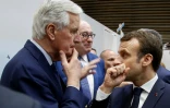 Le Président Emmanuel Macron (d) s'entretient avec le commissaire européen Michel Barnier (g) lors du salon de l'Agriculture le 23 février  2019