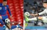 Combo réalisé le 27 juin 2021 réalisé à parti de photos du milieu anglais Phil Foden, le 25 mars 2021 à Londres, et de l'attaquant allemand Kai Havertz le 15 juin 2021 à Munich