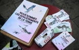 Des affiches et cartes postales vendues en soutien au collectif Les Soulèvements de la terre, lors d'un rassemblement le 28 juin 2023 à Nantes