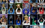 Comobo représentant le Serbe Novak Djokovic brandissant les 23 coupes de vainqueur des 23 tournois du Grand Chelem qu'il a remportées