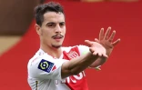 Wissam Ben Yedder l'attaquant de Monaco, exécute un "Kamehameha" après avoir marqué, tel le héros Sangoku de Dragon Ball, au stade Louis II de Monaco, le 3 avril 2021.