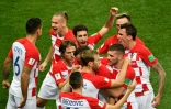 La Croatie célèbre l'égalisation face à la France grace au but d'Ivan Perisic en finale du Mondial à Moscou, le 15 juillet 2018