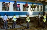 Des policiers croates regardent des migrants assis à califourchon sur les fenêtres d'un train, le 17 septembre 2015 à Dobova, près de la frontière avec la Serbie