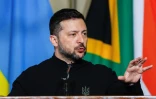Le président ukrainien Volodymyr Zelensky lors d'une conférence de presse à Pretoria, le 24 avril 2025 en Afrique du Sud