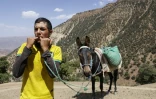 Un jeune du hameau d'Imzerri utilise la pratique ancienne du langage sifflé, permettant de communiquer à travers de vastes distances, le 19 août 2025 dans les montagnes de l'Atlas, au Maroc