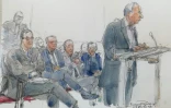 Croquis d'audience montrant (g-d) Nicolas Bazire, Renaud Donnedieu de Vabres, Thierry Gaubert, Dominique Castellan et Ziad Takieddine (debout) lors du procès financier de l'affaire Karachi, le 7 octobre 2019 à Paris