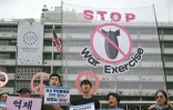 Manifestation contre l'exercice militaire conjoint entre la Corée du Sud et les Etats-Unis, baptisé "Ulchi Freedom Shield" (UFS), devant l'ambassade des Etats-Unis à Séoul, le 17 août 2026 en Corée du Sud