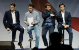 Les fondateurs de "Jeunes Avec Macron", Sacha Houlié, Jean Gaborit, Florian Humez et Pierre Personle 17 mars 2018 à Nogent-sur-Marne