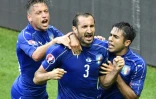 Emanuele Giaccherini, Giorgio Chiellini et Martins Eder lors du match contre l'Espagne le 27 juin 2016 à Saint-Denis