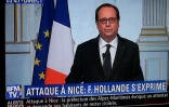 Capture d'écran de BFM TV de François Holllande lors de son allocution télévisée prononcée en pleine nuit depuis l'Elysée le 15 juillet 2016 à Paris