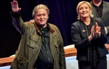 L'ex-conseiller de Donald Trump, Steve Bannon et la présidente du FN, Marine Le Pen, lors du 16e congrès du parti le 10 mars 2018 à Lille 