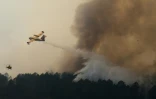 Vue prise depuis un hélicoptère de la Sécurité civile montrant un Canadair larguant de l'eau sur un incendie à Saint-Jean-d'Illac, en Gironde, le 28 juillet 2026