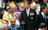 Le prince Harry quitte l'abbaye de Westminster après le couronnement de son père Charles III, le 6 mai 2023 à Londres
