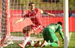La joie de l'attaquant monégasque Wissam Ben Yedder, après avoir marqué à domicile contre Clermont, lors de la 21e journée de Ligue 1, le 16 janvier 2022 au Stade Louis II