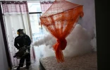 Un ouvrier pulvérise une maison contre le moustique Aedes aegypti pour prévenir la propagation de la dengue dans un quartier de Piura, dans le nord du Pérou, le 11 juin 2023