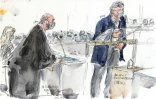 Croquis d'audience au procès des attentats de 2015 lors du passage à la barre de Riss, le 9 septembre 2020
