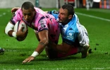 Le centre du Stade Français, Gaël Fickou (g), lors d'un match de Top 14 face à Montpellier, au stade Jean-Bouin, le 27 octobre 2018