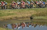 Les coureurs à l'assaut de la 1re étape du Tour de France 2018, de Noirmoutier-en-l'Île à Fontenay-le Comte, le 7 juillet 2018  