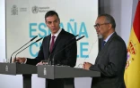 Le Premier ministre espagnol Pedro Sanchez et le directeur général de l'Organisation mondiale de la santé (OMS), Tedros Adhanom Ghebreyesus, lors d'une conférence de presse au palais de la Moncloa à Madrid, le 12 mai 2026