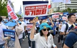 Manifestation contre le rejet dans l'océan de l'eau traitée de la centrale nucléaire de Fukushima, le 25 août 2023 à Séoul, en Corée du Sud