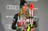 L'américaine Mikaela Schiffrin, décue, finit 3e du slalom féminin à Flachau le 14 janvier 2020 en Autriche.