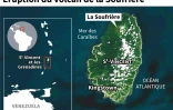 Carte localisant le volcan de La Soufrière dans le nord de l'île Saint-Vincent, entré en éruption le 9 avril 2021