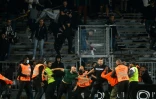 Les stewards renvoient dans la tribune des supporters marseillais qui ont envahi le terrain à l'issue du match Angers-OM au stade Raymond-Kopa, le 22 septembre 2021 