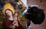 Une experte travaille à la restauration de  "La Vierge au buisson de roses" peint en 1473 par Martin Schongauer, le 5 mars 2026 dans l'église des Dominicains à Colmar, dans le Haut-Rhin