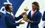 L'Anglais Tommy Fleetwood (d) et l'Italien Francesco Molinari lors de la victoire de l'Europe en Ryder Cup le 30 septembre 2018